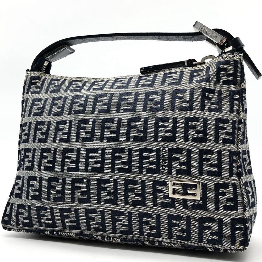 FENDI Zucchino Hobo Bag Accessory Clutch Canvas Leather Gray Navy Blue FF Hobo